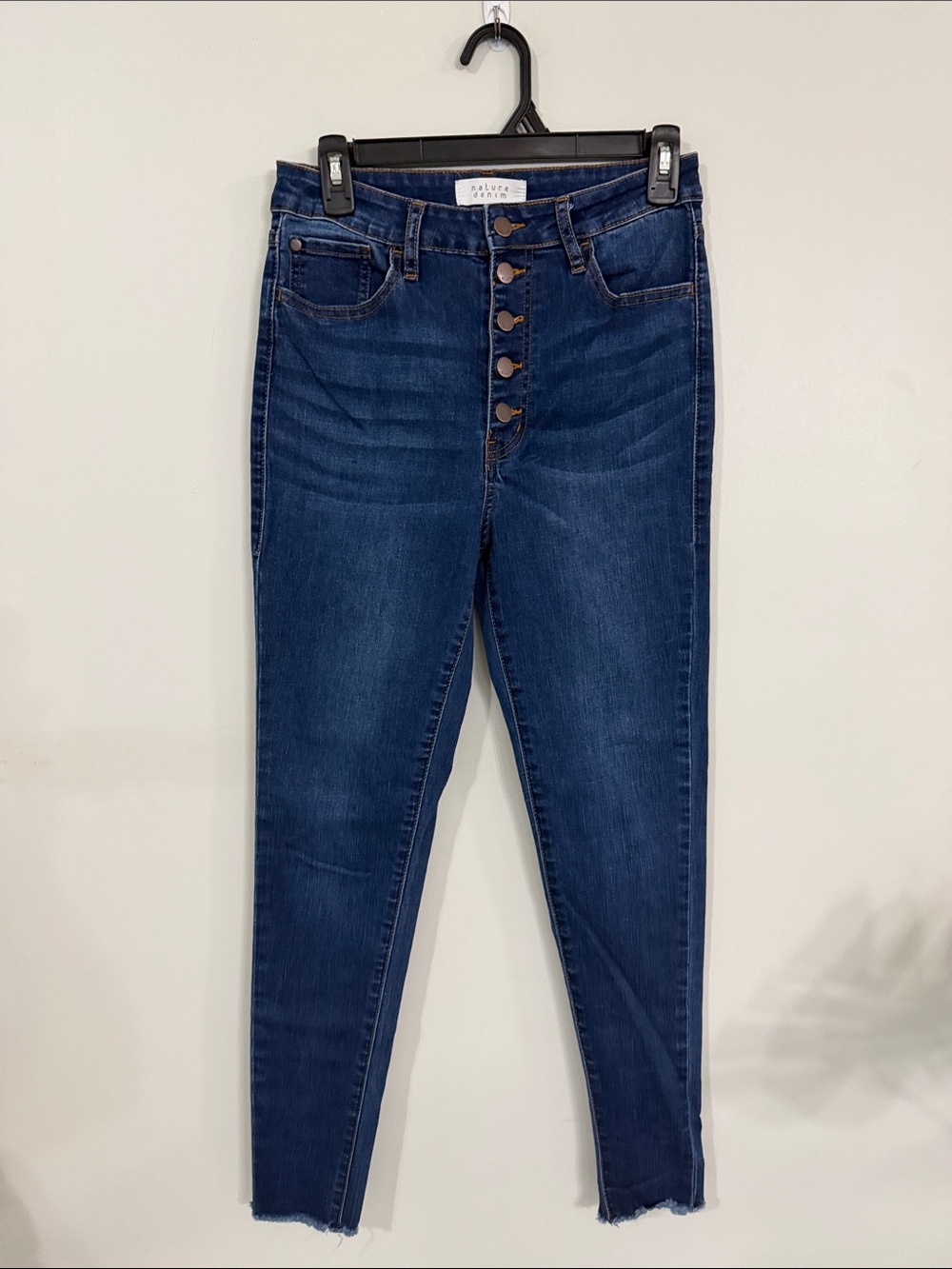 Nature Denim High-Rise Button-Fly Skinny Jeans in Dark Blue